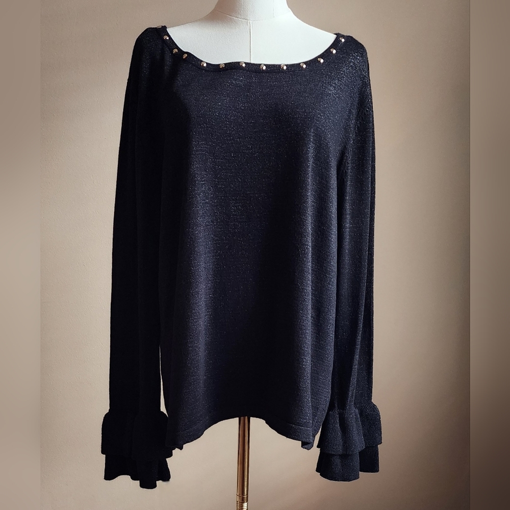 Black Rivet Sweater With Ruffle Cuffs, Sz XL